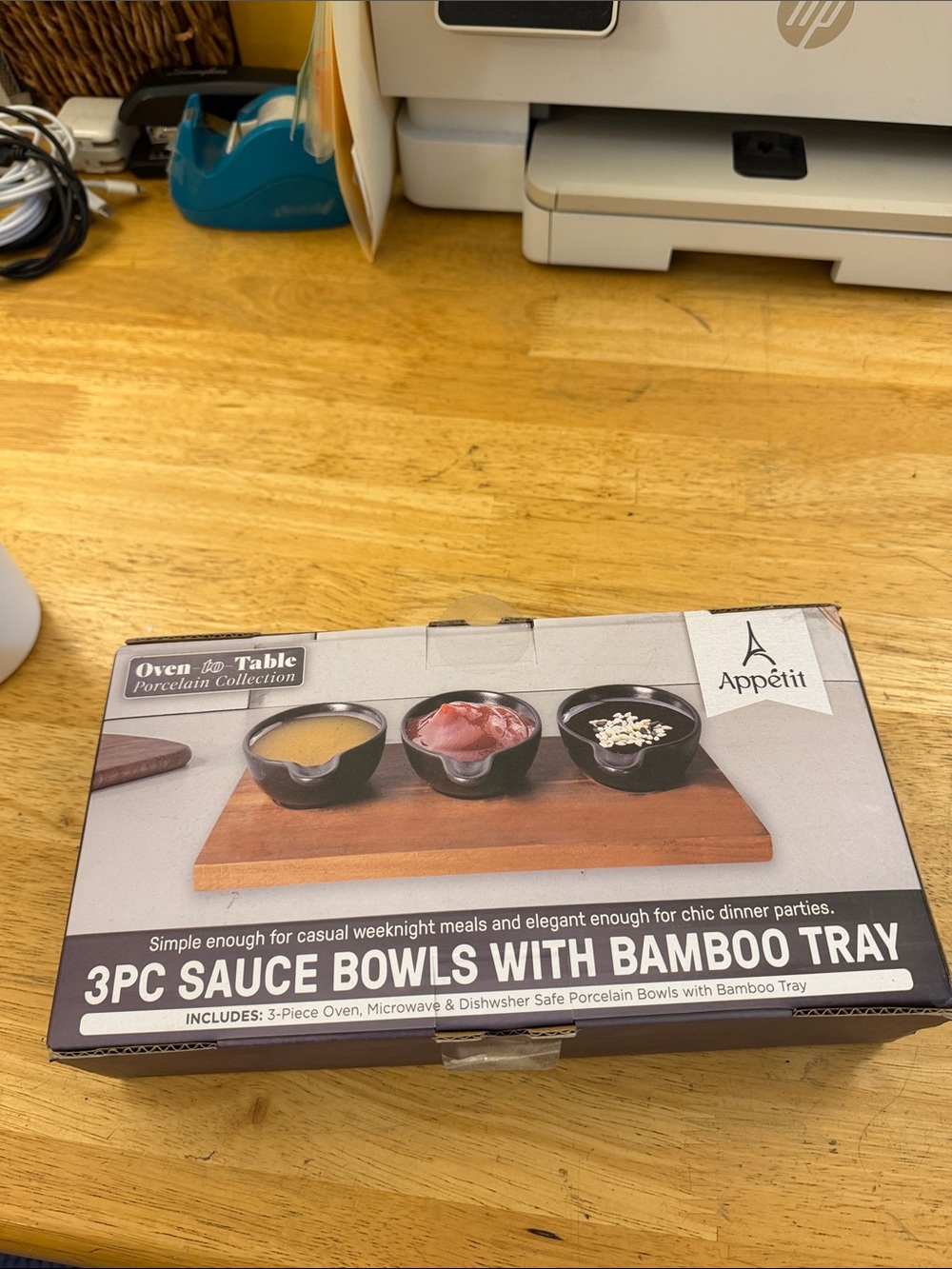 Appétit 3-Piece Black Sauce Bowls with Bamboo Tray